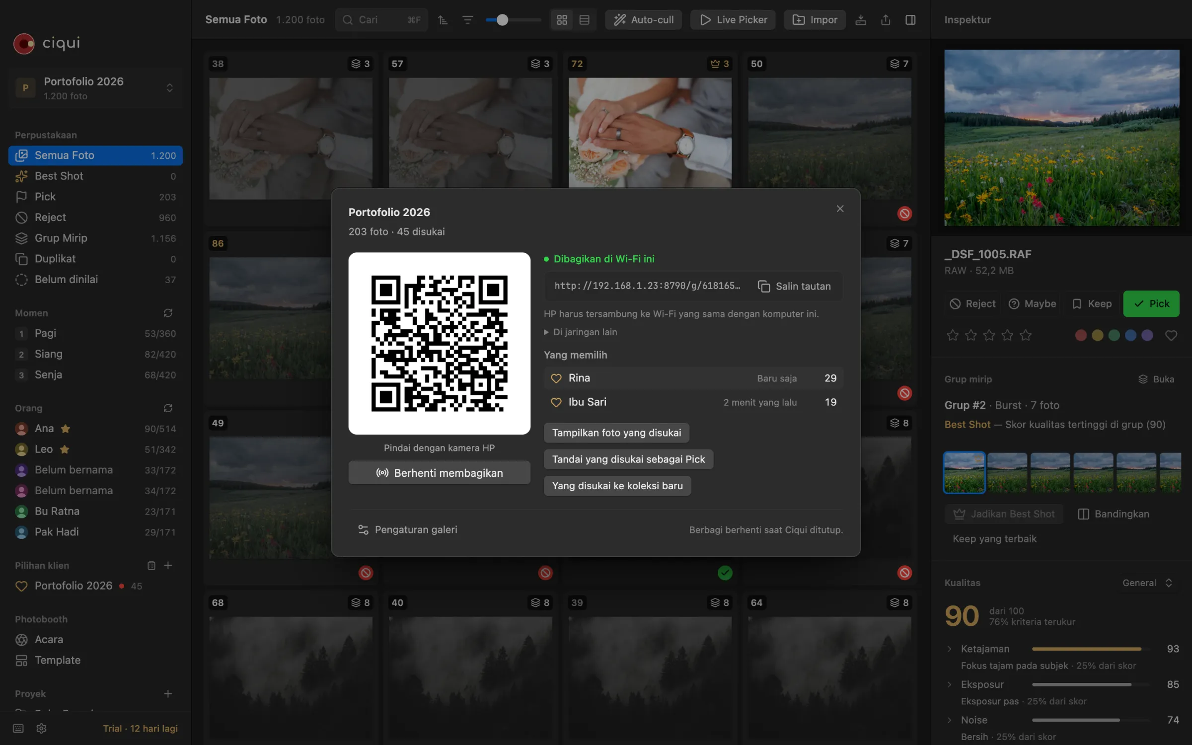 Ciqui: galeri klien dibagikan lewat QR code, dua klien sudah memilih