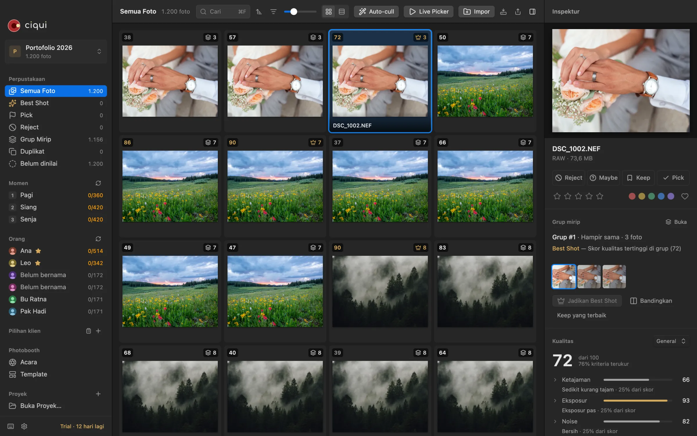 Ciqui: 1.200 foto dikelompokkan per burst, foto Best Shot terpilih dengan skor kualitasnya
