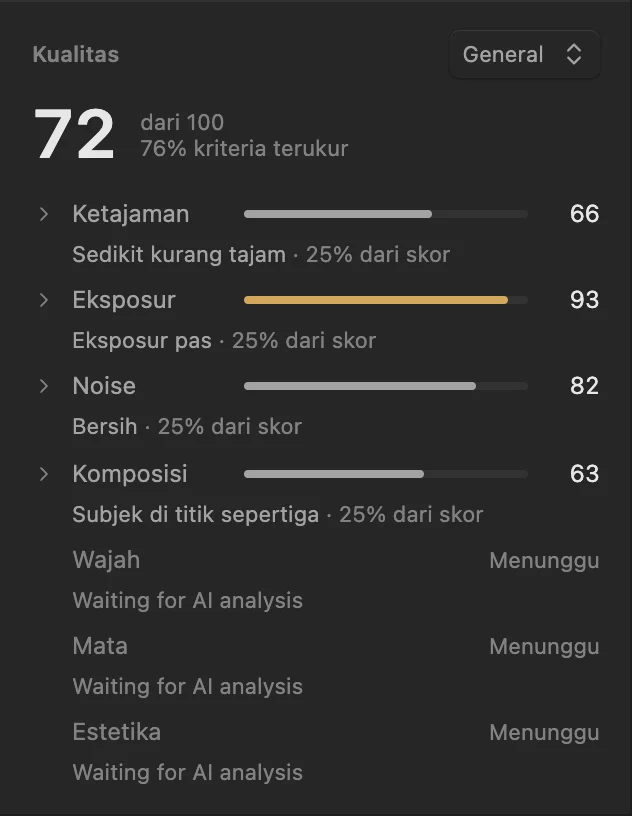 Skor kualitas 72 dengan rinciannya: ketajaman, eksposur, noise